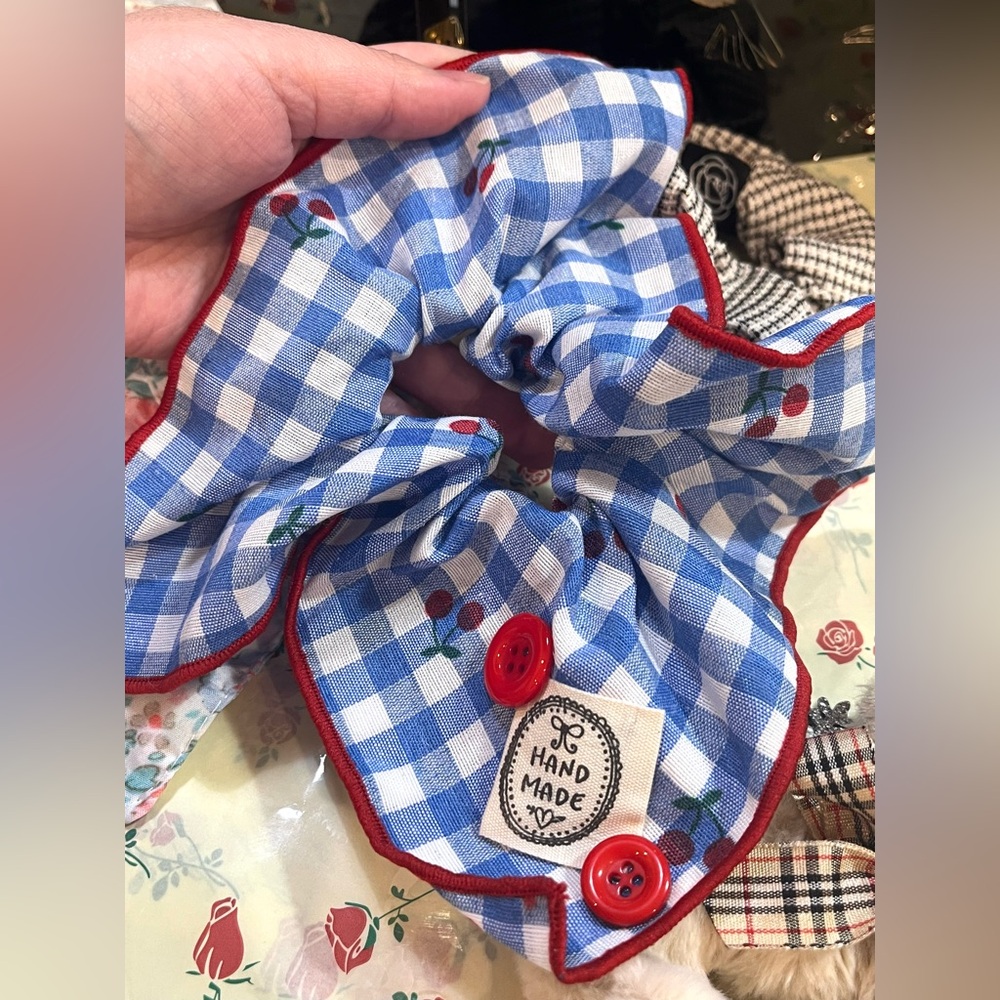 Add-on only:Handmade Blue Gingham Scrunchie with Red Trim